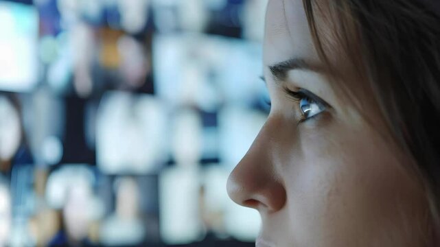 A close-up of a person's face, focusing on their eye and profile while in front of multiple images or screens.