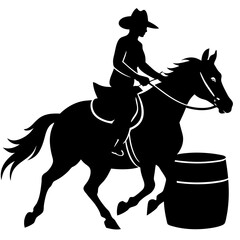 Silhouette of a cowboy riding a horse around a barrel in a rodeo event