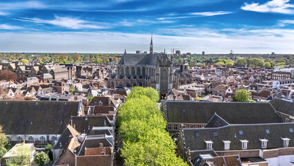 Leiden town aerial drone view from above, typical Dutch city skyline with canals and houses, Leiden architecture, South Holland, the Netherlands