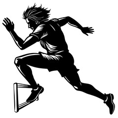 A silhouette of a male athlete hurdling over a hurdle in black and white