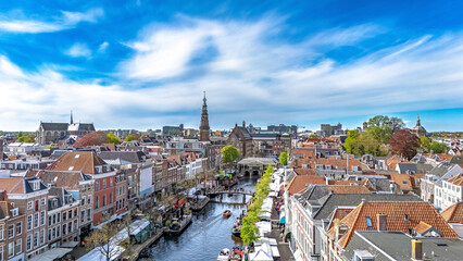 Leiden town aerial drone view from above, typical Dutch city skyline with canals and houses, Leiden architecture, South Holland, the Netherlands