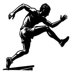 Silhouette of a male athlete jumping over a hurdle in a track event race
