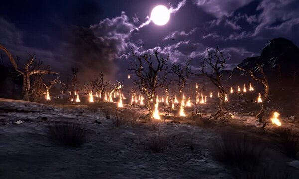 Burning trees under moonlit night landscape