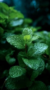 Close-up of a lush, green mint plant with water droplets on its leaves in a dark environment showcasing textured detail and vibrant colors.