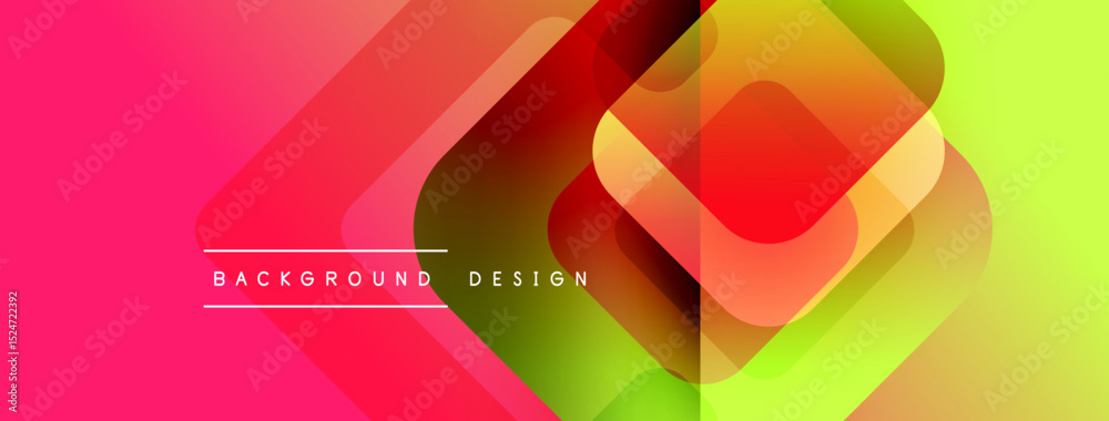 Fototapete Vibrant gradient background features overlapping squares. Colors transition from pink, orange, yellow creating modern aesthetic. Text reads background design.