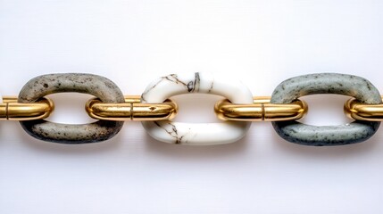 A gold and white chain with a black stone in the middle