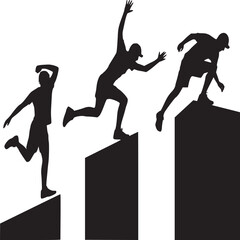 Three silhouetted figures jumping over black blocks against a bright white background illustration