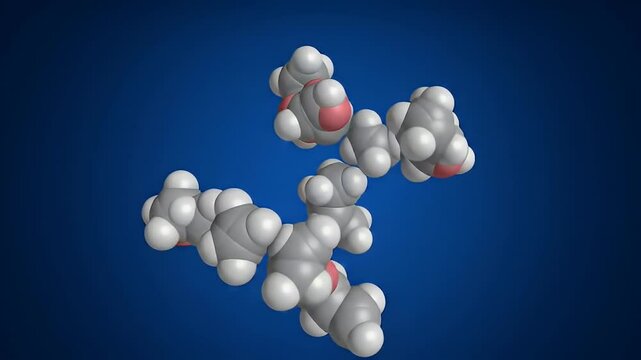 Rotating 3D Model of a Molecular Structure with Gray White and Red Atoms on a Blue Background