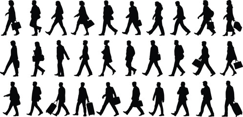 Obraz premium Walking people silhouettes vector illustration, business and casual commute, side view, urban lifestyle, black isolated figures, professional motion collection