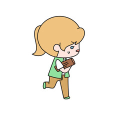 A cartoon girl is running with a baseball bat in her hand