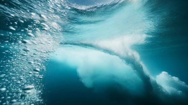 Underwater view of a breaking ocean wave with bubbles
