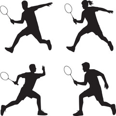 Four badminton player silhouettes in action poses against a white background in a square arrangement