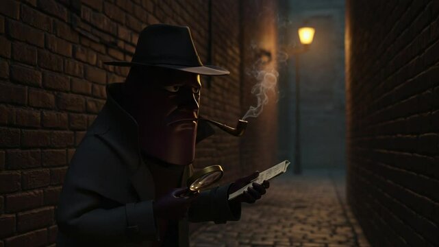 Detective examining clues in a dimly lit alleyway