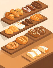 An isometric illustration featuring a variety of French breads