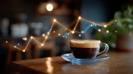 Coffee cup with frothy espresso on wooden table with glowing data graph overlay showing growth trend