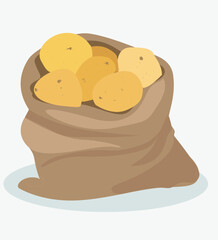 Potatoes in a sack. Burlap sack with potatos. Housekeeping and agriculture equipment