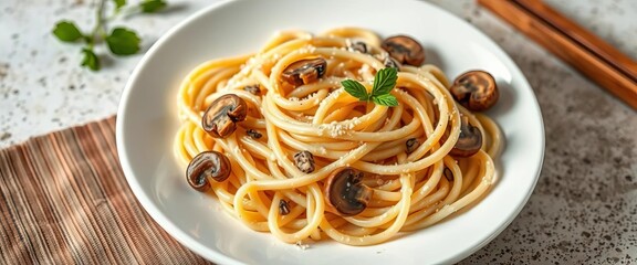 Creamy mushroom pasta swirls on a pristine white plate,  restaurant,  food