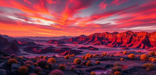 Crimson skies over amethyst mountains, alien flora thrives in geothermal vents,   universe,  desolate