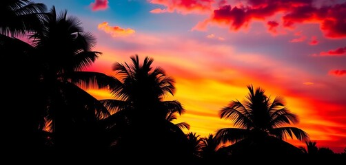 Dark palm tree silhouettes against vibrant sunset, tropical sky, ocean, contrast