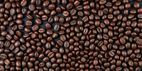 Obraz premium Dark roasted coffee beans scattered on black background, food, quality