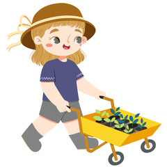 Cute european girl with grey eyes is pushing garden cart with seedling inside in a summer
