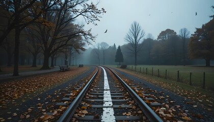 Autumn landscape with train tracks in a foggy park setting
