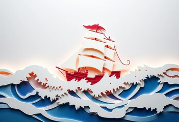 Obraz premium Intricate paper cut of a ship navigating turbulent ocean waves, weather, deep