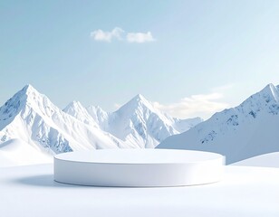 White product podium display stand with mountain backdrop for winter sale