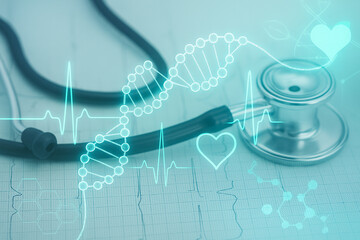 AI generated image of stethoscope on ECG chart with glowing DNA helix and heart graphics representing integration of genetic data with real time diagnostics in modern healthcare technology