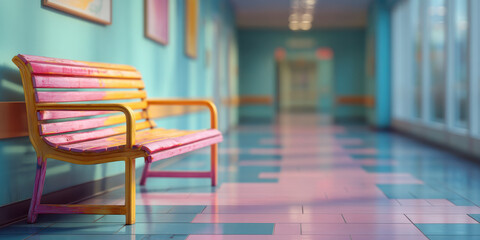 Wooden bench in hospital corridor with pastel colors and soft light creating calm atmosphere