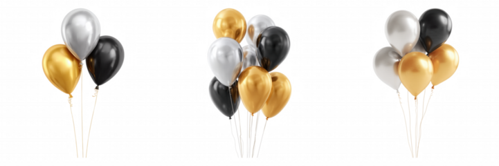 Glossy Balloons Set in Gold, Black, and Silver on Transparent Background