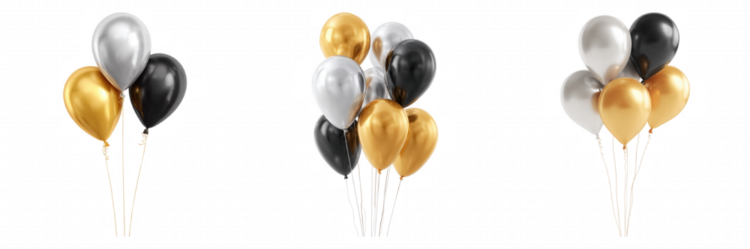 Glossy Balloons Set in Gold, Black, and Silver on Transparent Background