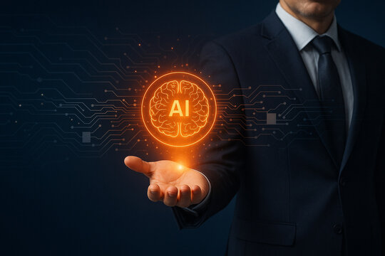 AI generated image of a businessman in suit holding a glowing orange AI brain hologram with digital circuit background showing futuristic technology and innovation