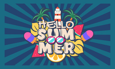 Flat raster illustration with a playful summer theme, featuring coconut trees, lighthouse, tropical fruits, sunglasses, and bold 