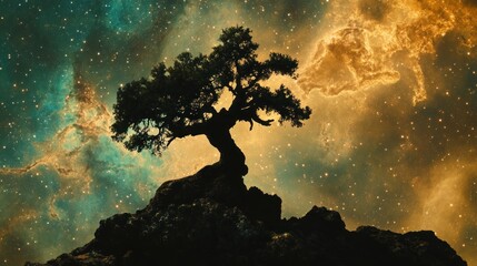 Silhouetted tree on a rocky outcrop against a starry nebula
