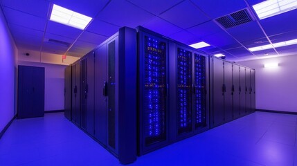 Server room lit with blue light