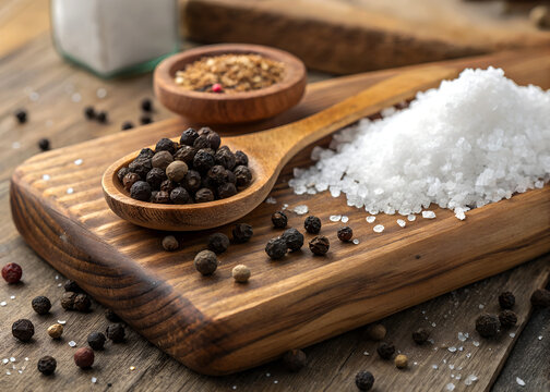 Assorted dry black and white peppercorns on a wooden spoon, perfect aromatic cooking ingredients ai generated