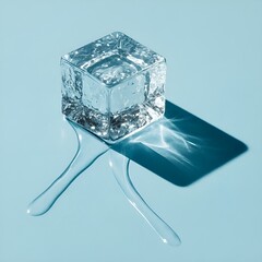 Ice Block on Blue Surface