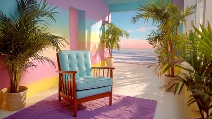 Fototapeta premium Serene Coastal Living Room: Pastel Walls, Turquoise Armchair, Palm Trees, Ocean View