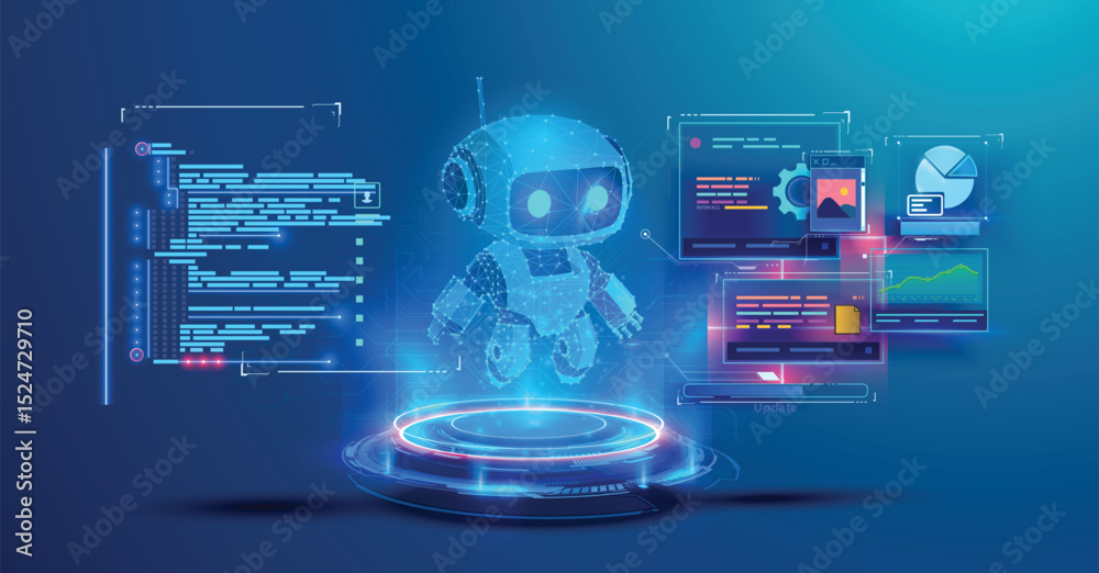 Poster A geometric robot hovers above a platform surrounded by coding and data displays in a digital futuristic setting