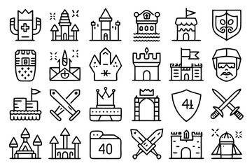 Fototapeta premium Medieval ancient king knight line icons set isolated on transparent background