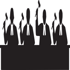 Silhouette of four judges in robes holding gavels sitting behind a bench in a courtroom setting