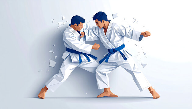 Paper cut style illustration of two judo athletes in action, one throwing the other