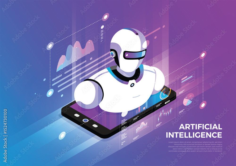 Fototapete a robot emerges from a smartphone amid interface graphics and the text artificial intelligence
