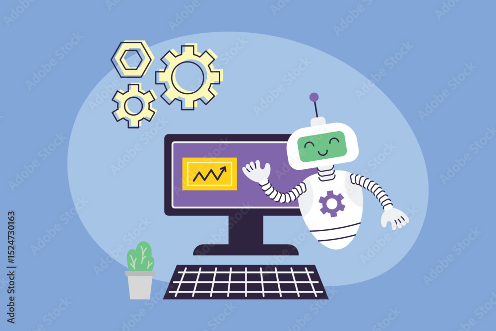 Poster a robot stands beside a computer with a chart displayed on the screen gears in the background