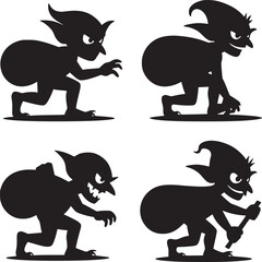 Four black silhouette illustrations of goblin like creatures carrying sacks on their backs on white