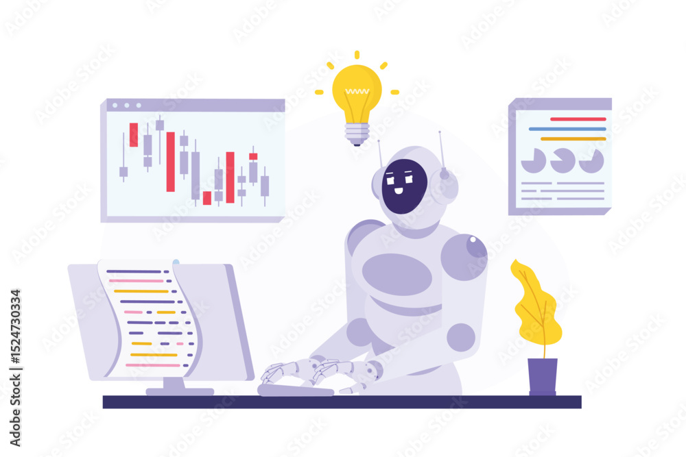 Poster A robot types at a computer with stock market and data graphs displayed A light bulb hovers above the robot