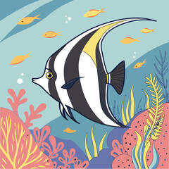 Colorful vector illustration of a Moorish idol (Zanclus cornutus), highlighting its striking black, white, and yellow bands and distinctive elongated dorsal fin. Ideal for reef aquarium.