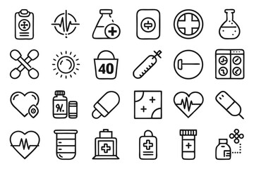 Fototapeta premium Pharmacy medical care line icons set isolated on transparent background