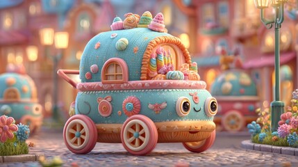A charming toy car decorated with a little house on top creating a whimsical and playful scene that invites imagination and joy for children in a bright and cheerful environment